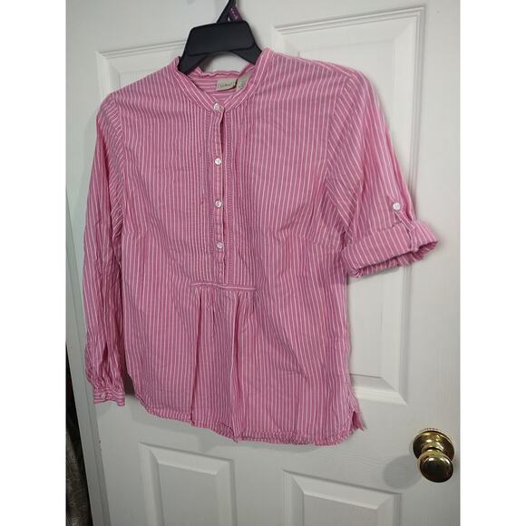 LL. Bean Woman's M Blouse Pink White Striped Pullover Casual Pleated Roll Tab... - Picture 2 of 7